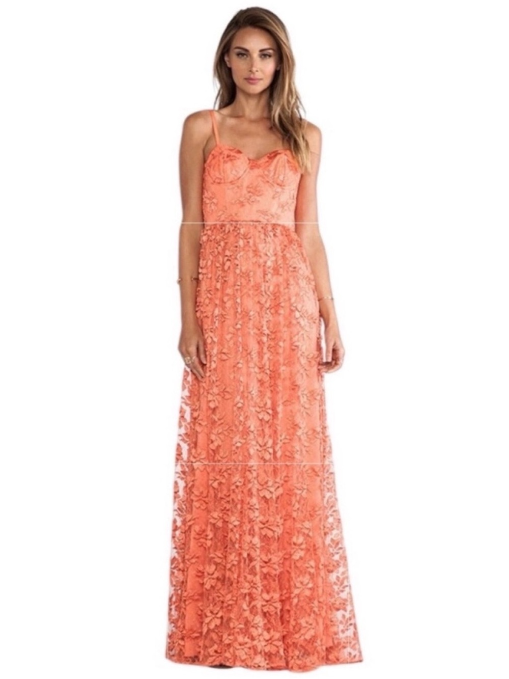 ALICE + OLIVIA Tyler Coral Floral Lace Bustier Maxi Dress Gown
